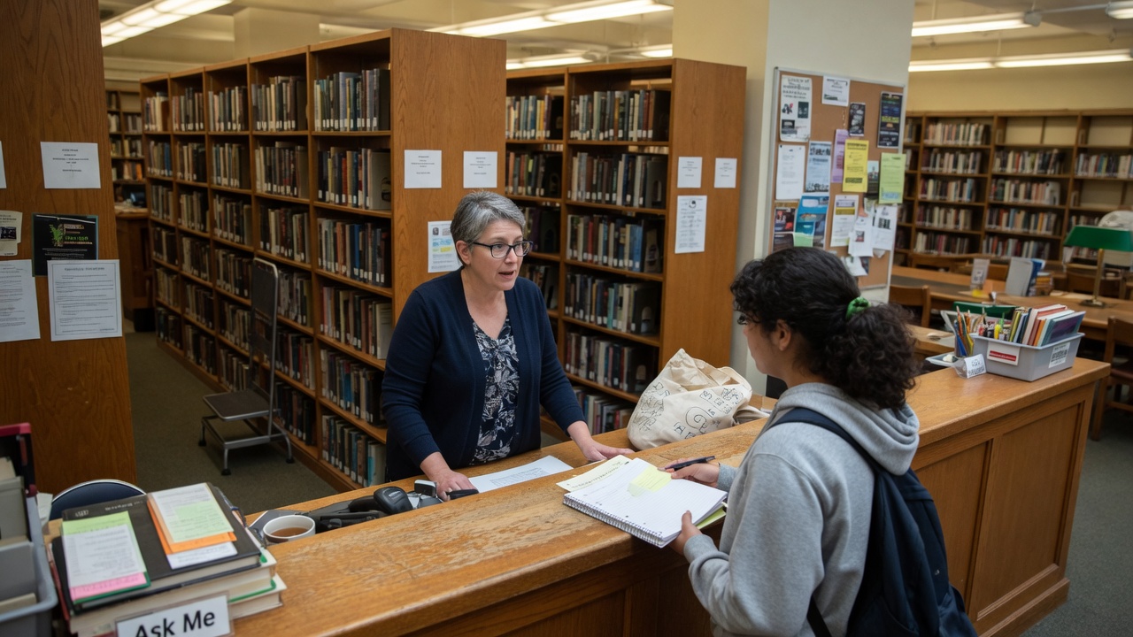 A student speaking with a librarian at a library desk